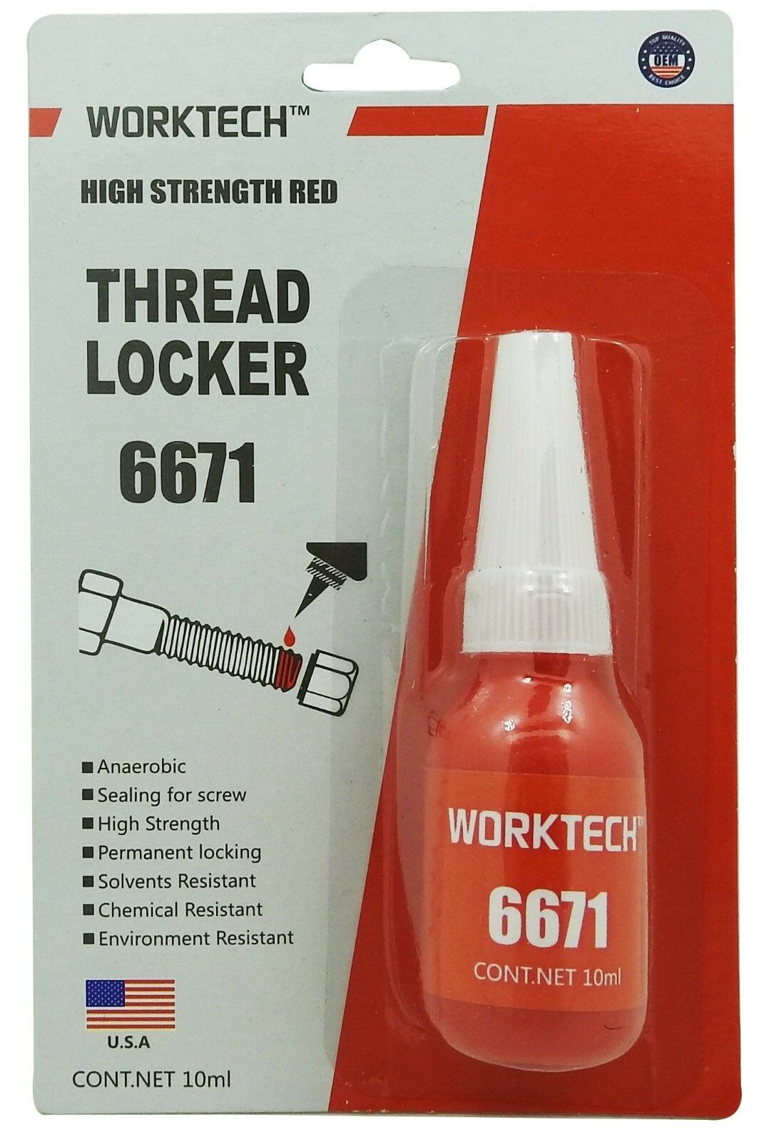 Worktech Premium Threadlocker Red 10ml High Strength Bolt/nut Tight Locking Pro