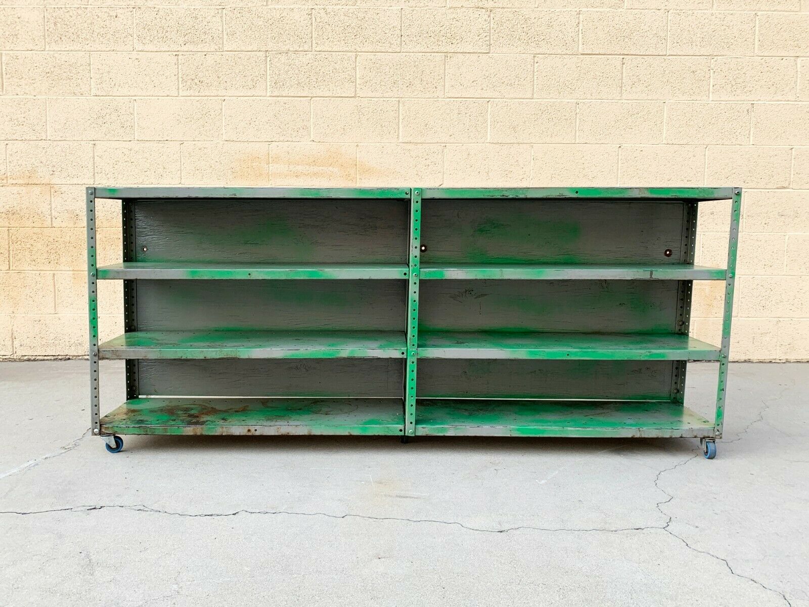Antique Industrial Storage/ Shelving Rack With Green Patina On Casters