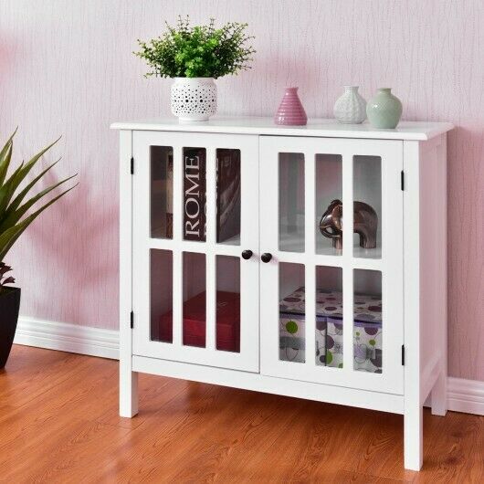 Storage Buffet Cabinet Glass Door Sideboard Console Table Server Display White
