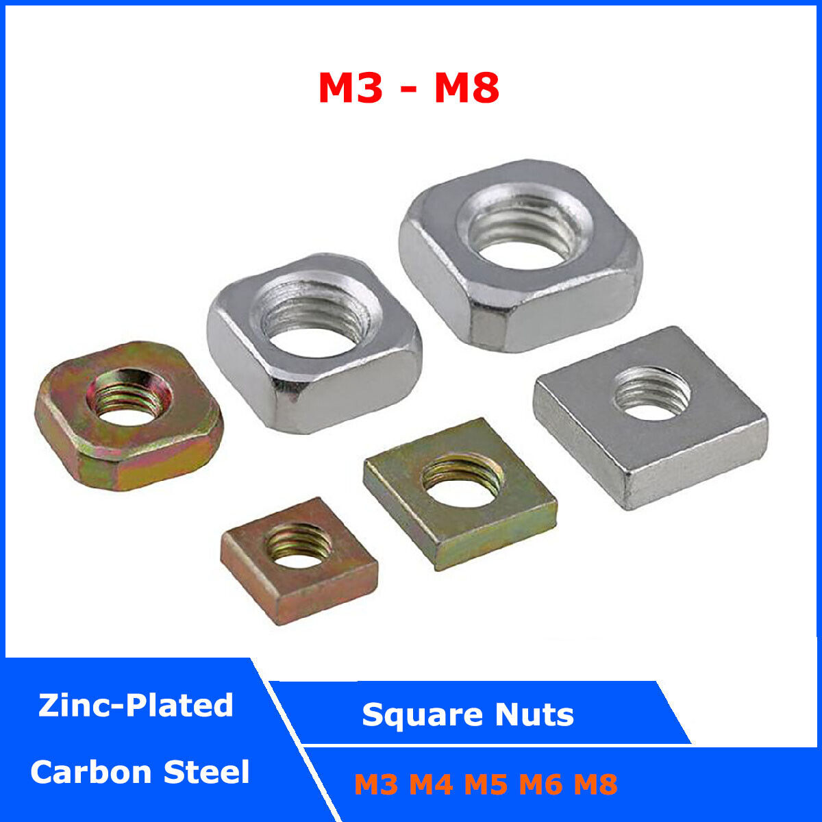 Square Nuts M3 M4 M5 M6 M8 Metric Coarse Thread For Screw Bolt Zinc-plated Steel
