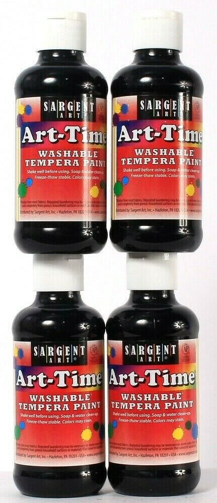 4 Sargent Art 8 Oz Art-time Black Washable Tempera Paint Soap & Water Clean Up