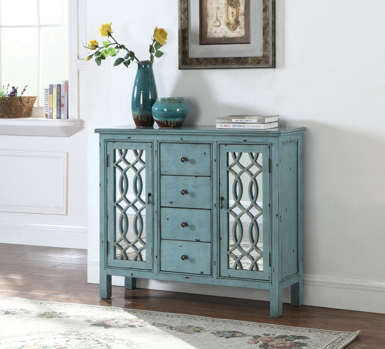 4-drawer French Country Rustic Style accent Cabinet Antique Blue 950736