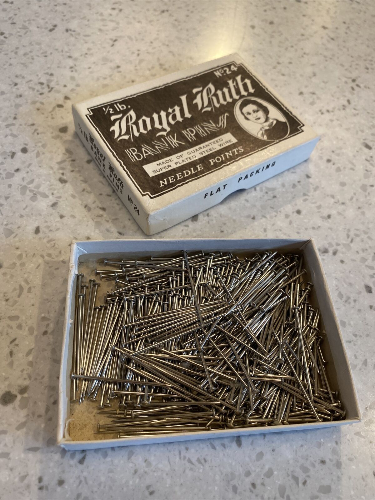 Royal Ruth Steel Bank Pins 1/2 Lb Box, #24 No 24 1.5" Long Needle Points England