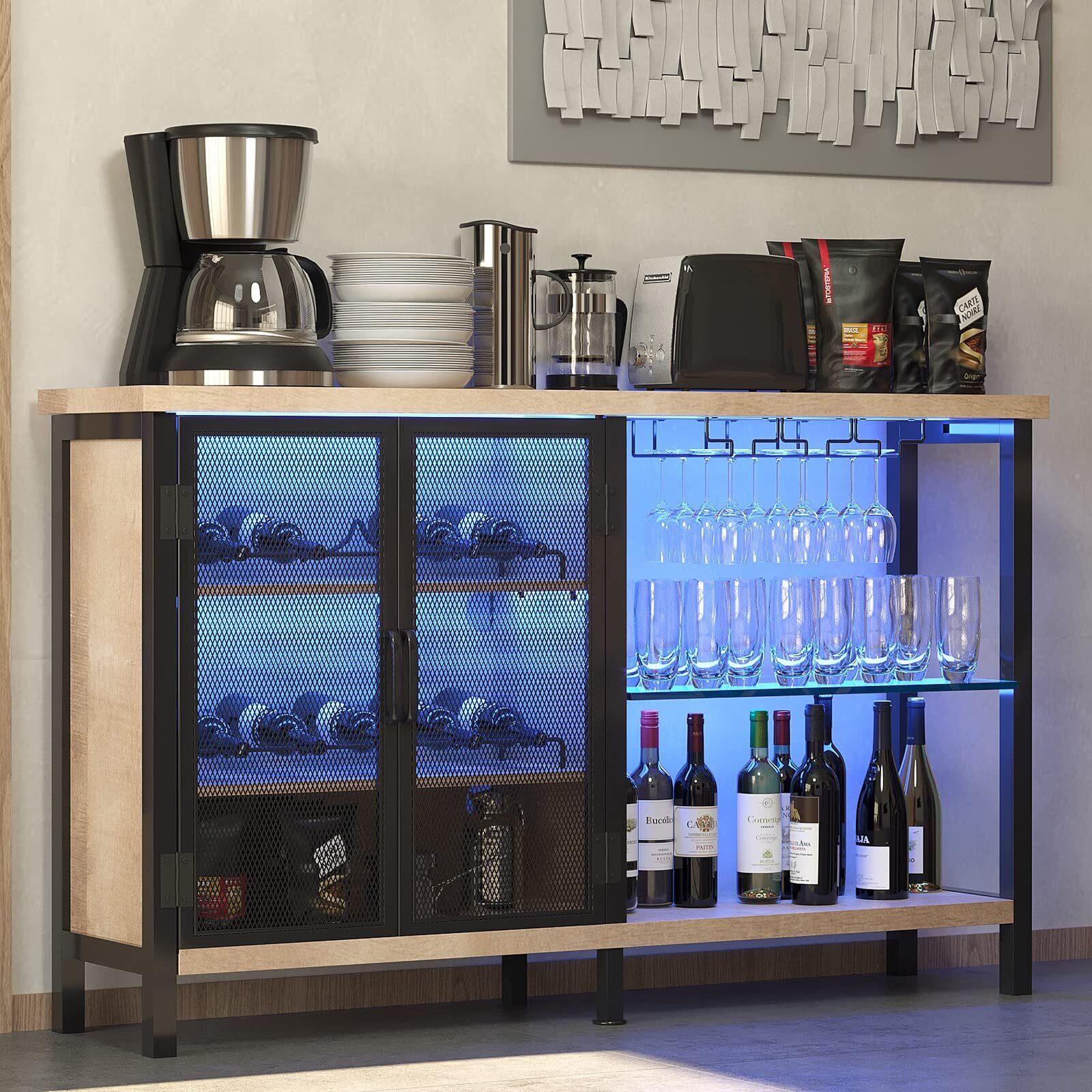 Led Wine Bar Cabinet W/removable Wine Rack Glass Holder Sideboard Buffet Cabinet