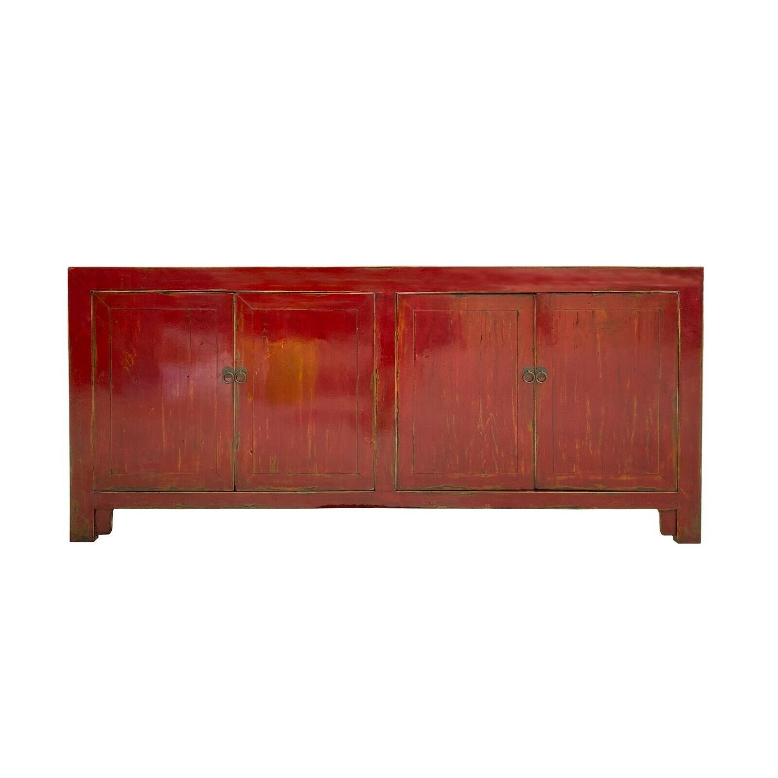 Distressed Brick Bright Red Finish Low Credenza Tv Console Buffet Table Cs6938