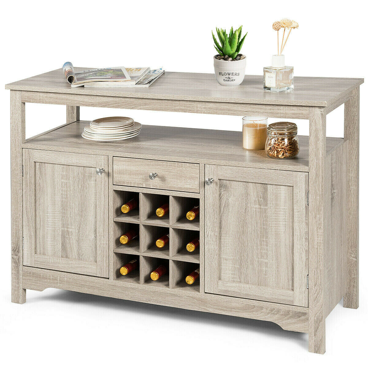 Gymax Buffet Server Sideboard Wine Cabinet Console Table Grey Home