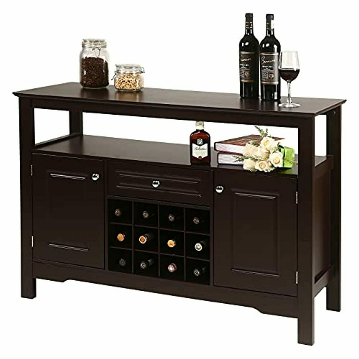 Sideboard Wine Kitchen Buffet Bar Cabinet With Drawers And 12 Wine Rack