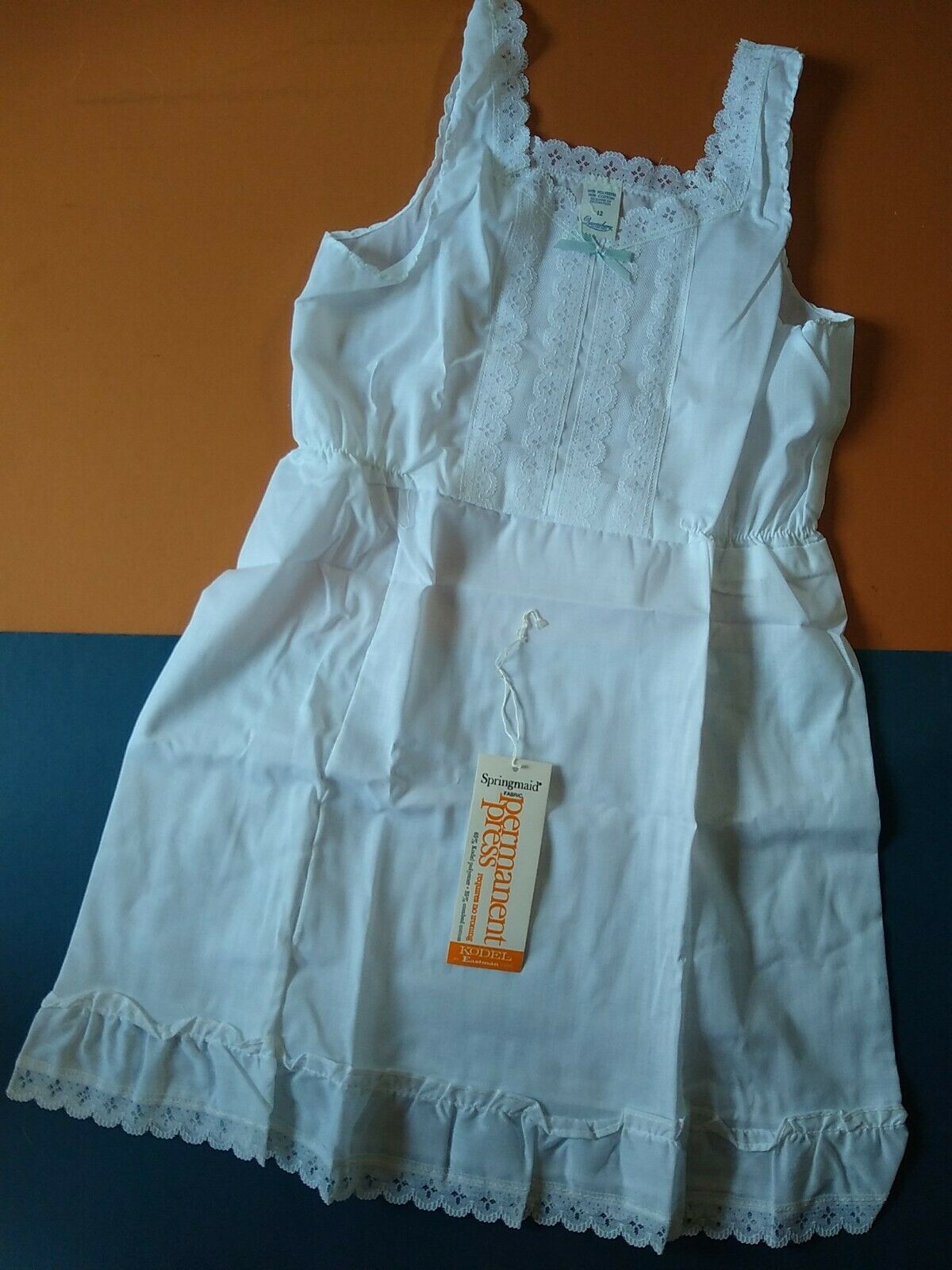 Little Girls Vintage Petticoat Slip White Nighty 12 Blue Bow Springmaid Kodel